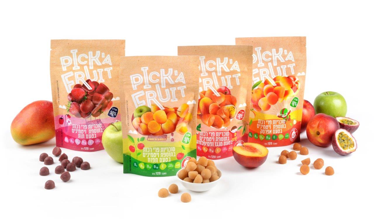 Pick'a Fruit: סוכריות פרי רכות בתוספת ויטמינים בטעם תות, תפוח, אפרסק ומנגו-פסיפלורה